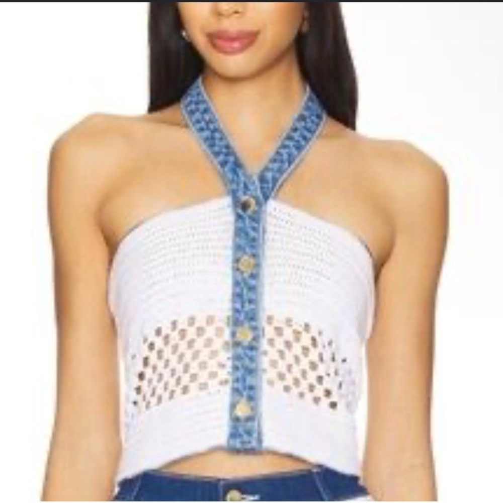 My‎ Beachy Side Halter Top Muse Crochet Crop White Denim Trim Large NEW
